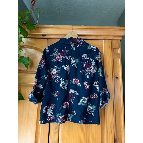 Maurices Jacket Womens Floral Blue Linen Button Up Boho Art Pockets SZ L - Picture 6 of 12